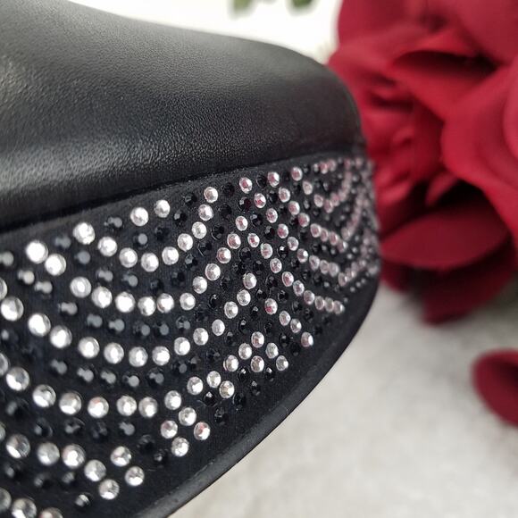 Aldo Platform Stiletto Pumps Size 8.5 Black Leather Rhinestones Peep Almond Toe - Picture 11 of 16